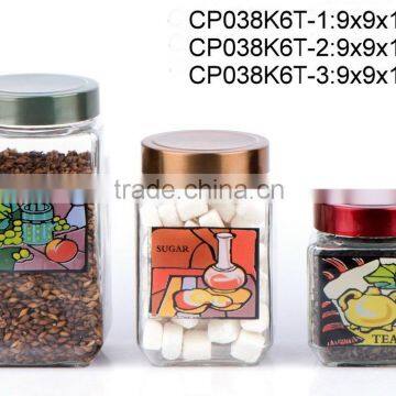 3pcs square glass jar with printing (CP038K6T)