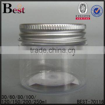 30/50/60/80/120/150/200/250ml transparent plastic jar empty packaging personal care wholesale silver screw cap cream