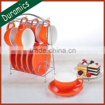 Best sale porcelain cup and saucer with metal rack for promotion and home use