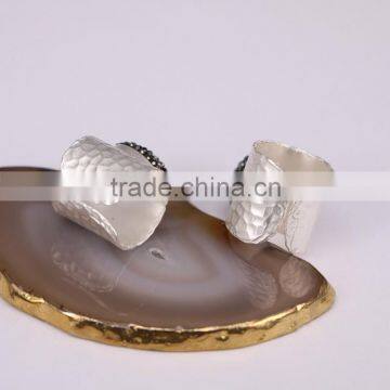 Nature Agate Quartz Rings, Metal Silver Plated Wide Band Crystal Zircon Paved Agate Druzy Ring Jewelry photo-2