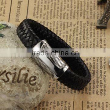 China Supplier Jewelry Silver Titanium Steel Punk Mens Rope Bangles Cow Leather Braided Cuff Bracelet photo-2