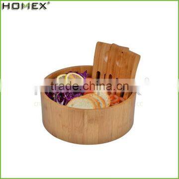 Natural Round Bamboo Wooden Salad Bowl Stand With Salad Hands/Homex_Factory