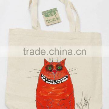Promotional Cheap Hand Painted Cotton Canvas Shoulder Bags/Wholesale Custom Design Cute Cats Canvas Tote Shopping Bags photo-4