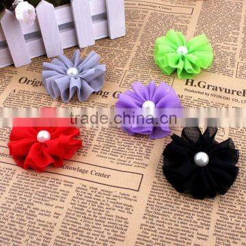 Handmade Chiffon Flower With Pearl Beads Center for Kids Hair Accessories for Baby Girl photo-2