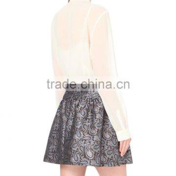 Wholesale Women Curved Hem Long Sleeves Buttoned Cuff Pleated-tie Chiffon Shirt(DQE0098T) photo-3