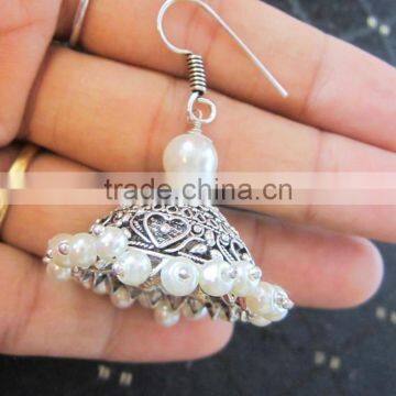 Silver Tone Jhumka Pearl Bollywood Dangler EARRINGS photo-2
