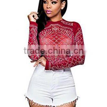 Women Sexy Crewneck Long Sleeve Mesh Rhinestone See Through T Shirt Tops photo-2