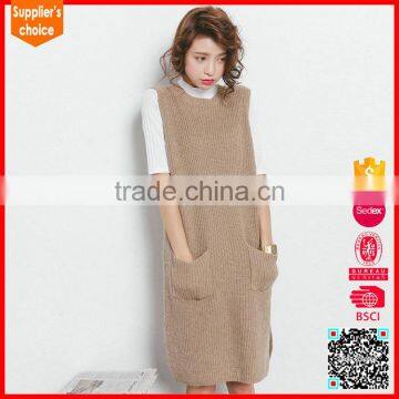 Hot selling knitting pullover with pockets women's sweater vest long