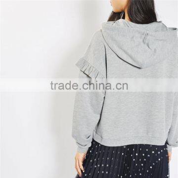 2017 Oem Spring Long Sleeves Solid Color Pretty Ruffle Grey Marl Hoodie photo-3