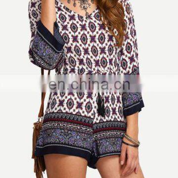 China Factory Wholesale Fashion Design Tribal Print Tassel-Tied Romper Women photo-3