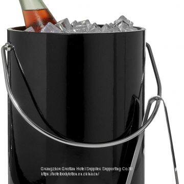 Hand Made In USA Black Double Walled 5-Quart Insulated Ice Bucket With Ice Tongs & Bottle Opener