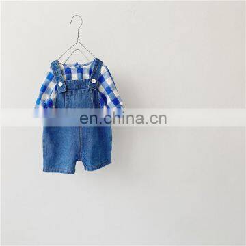 ins autumn new baby baby plaid long-sleeved shirt boys and girls denim strap shorts two-piece suit