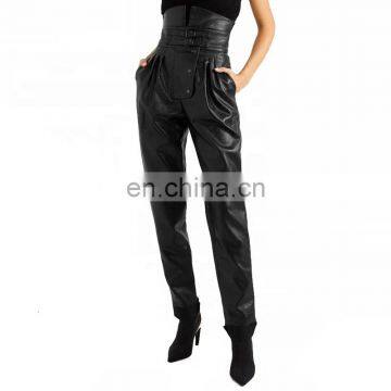 TWOTWINSTYLE PU Leather High Street Style High Waist Ruched Asymmetrical Trousers Female