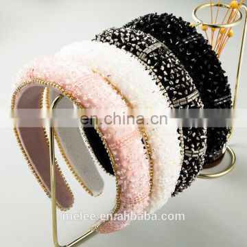 Fashion New Luxury Women's Style Baroque Crystal Full Rhinestone Sponge Velvet Wide Side Hair Band Korean Hair Accessories