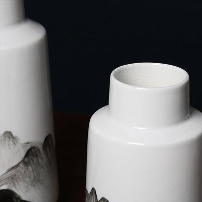 New Chinese Modern Ink Wash Painting Hand Made White Ceramic Flower Vase For TV Bench photo-2