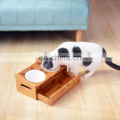 2 in 1 toprank high quality easy milk water feeder for pet dog food bowls wood outdoor bamboo stand with storage drawer