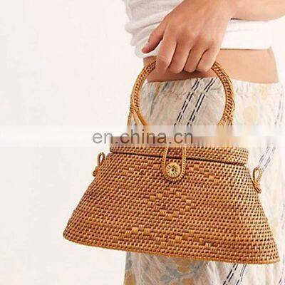 Trendy vintage styled woven rattan top handle bag wholesale