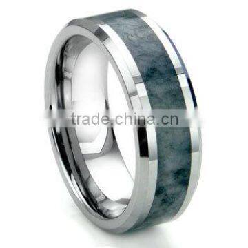 Tungsten Carbide Grey Metamorphic Stone Inlay Beveled Wedding Band Ring