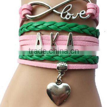 AKA Wrap Bracelet Ivy Leaf Alpha Kappaa Alpha AKA Heart Pink Green Custom leather bracelet