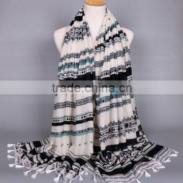 Newest Manual Sewing Tassels Cotton Print Scarf for Muslim Women