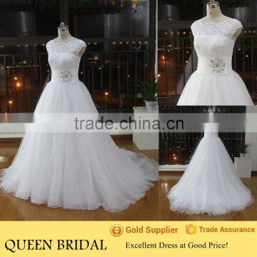 Real Sample Scoop Neck Sleeveless Appliqued Lace Beaded Sash Wedding Dresses 2015