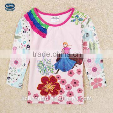 (F5395Y) NOVA kids wear 2015 new arrival design floral embroided cartoon character printing long sleeves girls t-shirt