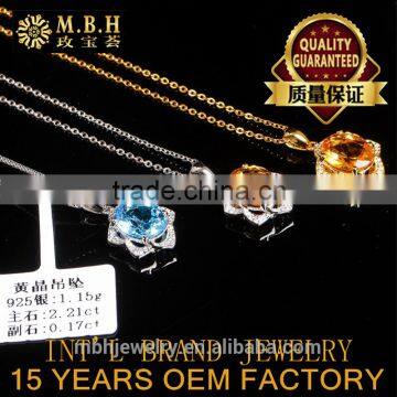 hot 925 silver 18K gold plated inlay blue topaz yellow citrine precious natural gemstone pendant necklace turkish silver jewelry