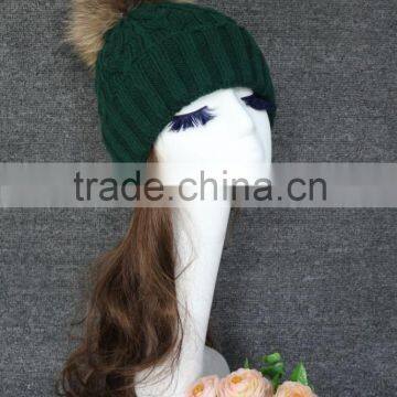 Factory Wholesale Crochet Dark Green Real Raccoon Fur Big Pom Poms Hat