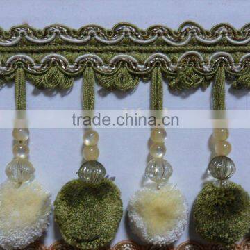 Fabric curtain tassel Pompon Fringe with Beautiful Trim for curtain decor , fringe manufacturer