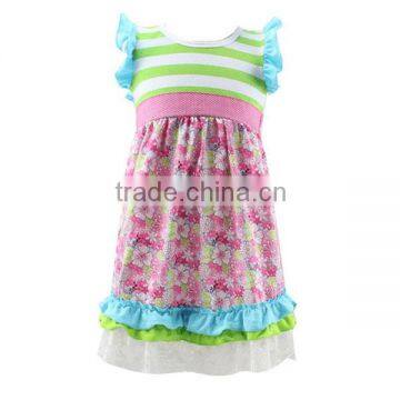 Kaiyo factory cheapest children's boutique clothing stripe ruffle dress little baby girls dress pure cotton print dress