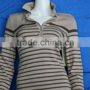 Shirt neck yarn dyed stripes body blouse for middle aged women