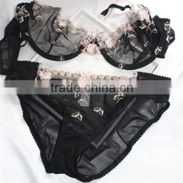 New Women Lady Cute Sexy See Through Underwear Satin Lace Embroidery Bra Sets