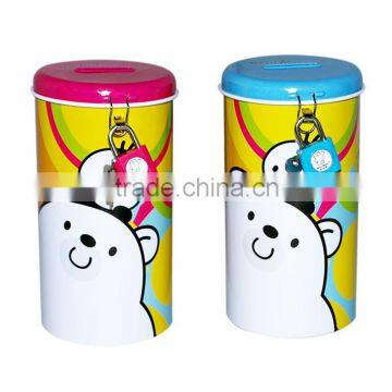 Round shape Tin Cartoon Kids Coin Bank with Lock