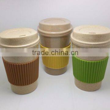 Take Away Coffee Cup Mug With Lid Biodegradable Bamboo Fiber Mug With Silicon Sleeve photo-2