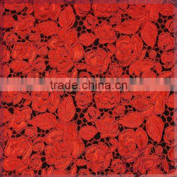 Red floral china embroidery lace fabric wholesale, fashion cord lace fabric