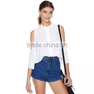 Ladies white long sleeve cold shoulder ruffled collar western style short chiffon blouse