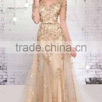 new gold long sleeve full length scoop neck evening dresses for veiled