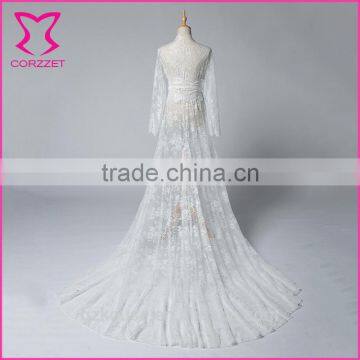 R02: Corzzet OEM Products White Chiffons Lace Long Sleeves Applique Long Robe photo-2