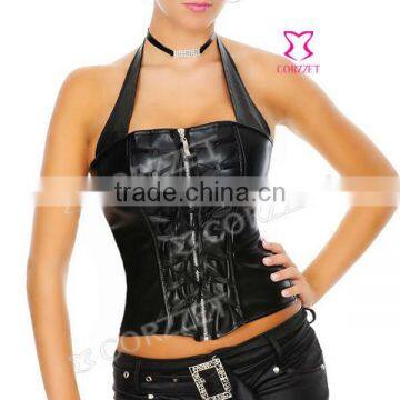 Women Black Neck Leather Corset Tops Cheap And High Quality