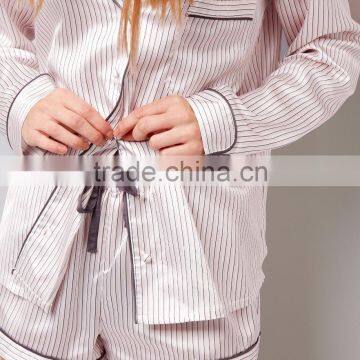 Pink Stripe Satin Shorts Pyjama Set With Pocket Front Design Women Pajama Adults Nightwear Made In China photo-4