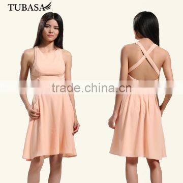 Women clothes 2017 women back cross solid color sleeveless midi dresses