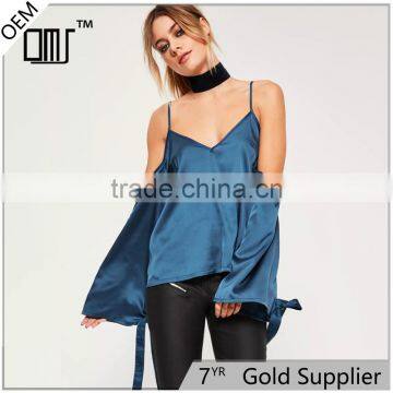 Stylish sweet girl blouses cold shoulder long sleeve satin tops