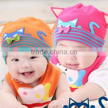 beautiful lovely cat design bowknot knit baby hat with bibs