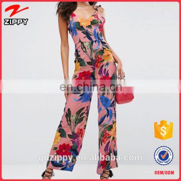 2017 new fashion summer beach Tie Back Floral pink Print ladies casual Ruffle long women Jumpsuit