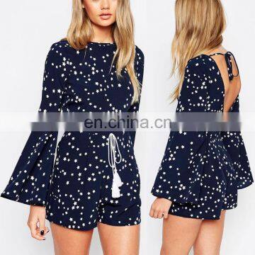 Chinese factory long sleeve star print romper drawstring waistband short jumpsuits