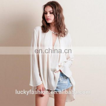 2016 Baiyimo Wholesale Clothing 100% Polyester Long Sleeve Sexy Transparent Blouse Tops Open V Neck Plus Size Women Shirt