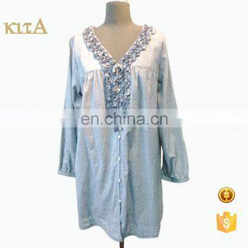 Hot Sale Cheap Women Ribbon Embroidery Chambray Blouse