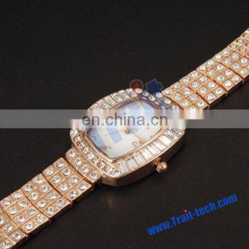 Bling Bling Obround Watch Dial Plate with Rhinestone Inlaid Metal Watchband Quartz Watch