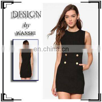 Wholesale office dress fashion front button design sleeveless black bodycon dresses for women