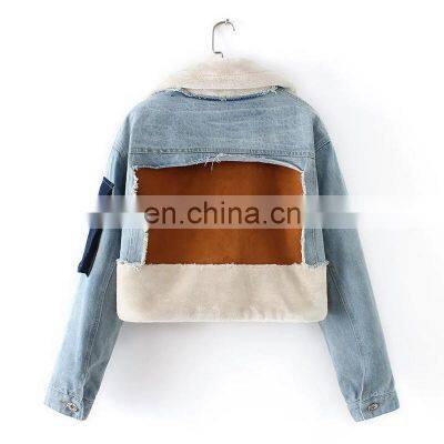 Custom LOGO High Quality Denim Windbreaker Jacket Lined With Fleece Coats Wool Jackets With Patches For Women's Coat photo-3